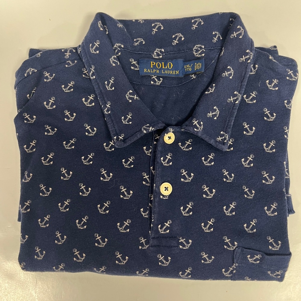 Polo‎ Ralph Lauren Navy Blue Anchor Print AOP Polo Shirt Short Sleeve XXL *FLAW